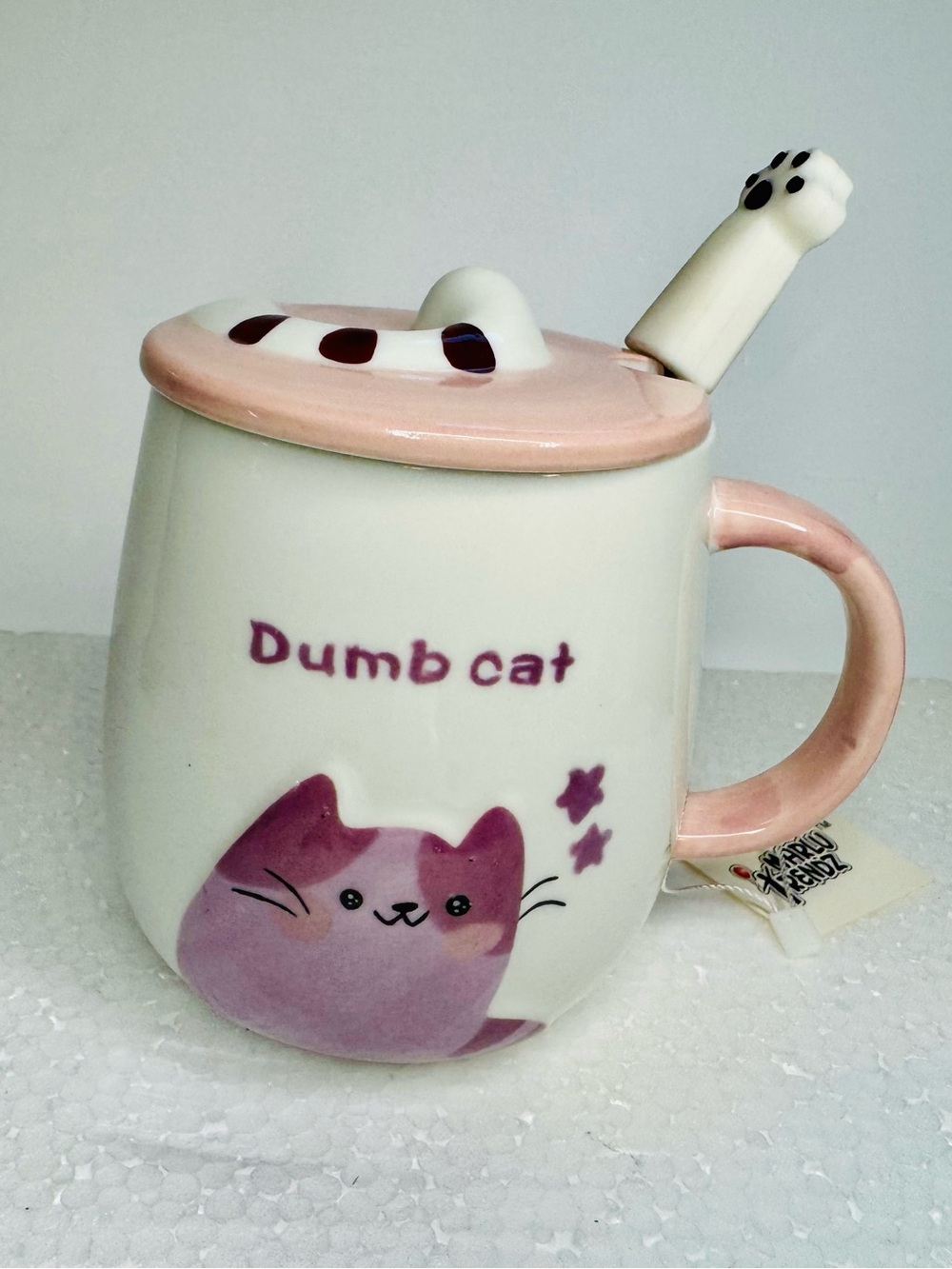 Kawaii Dumb Cat Ceramic Mug with Tail Lid & Paw Spoon Cute Coffee Cup NWT